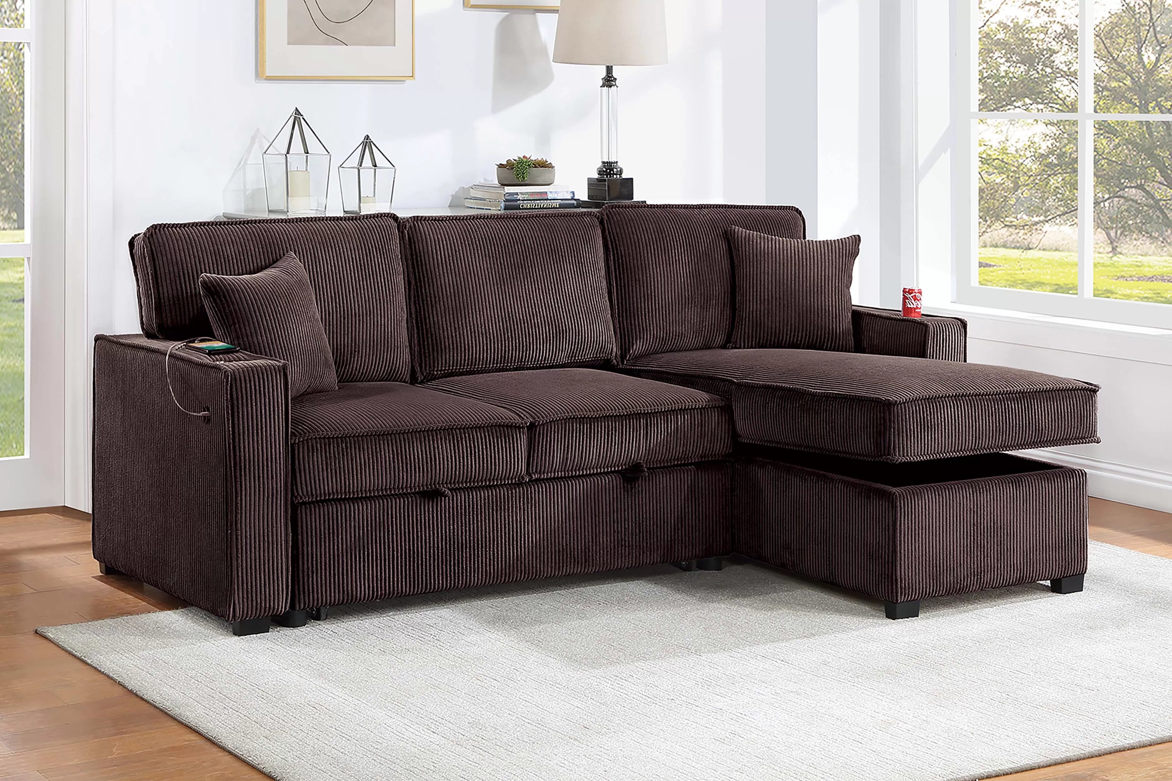 Reversible Storage Chaise W/ Cup Holder & USB & USB-C Port