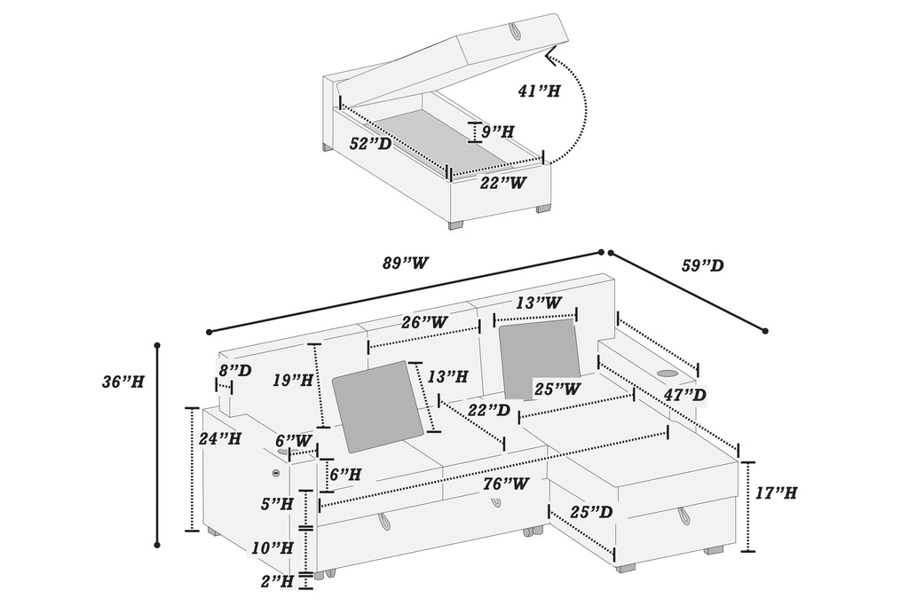 Reversible Storage Chaise W/ Cup Holder & USB & USB-C Port