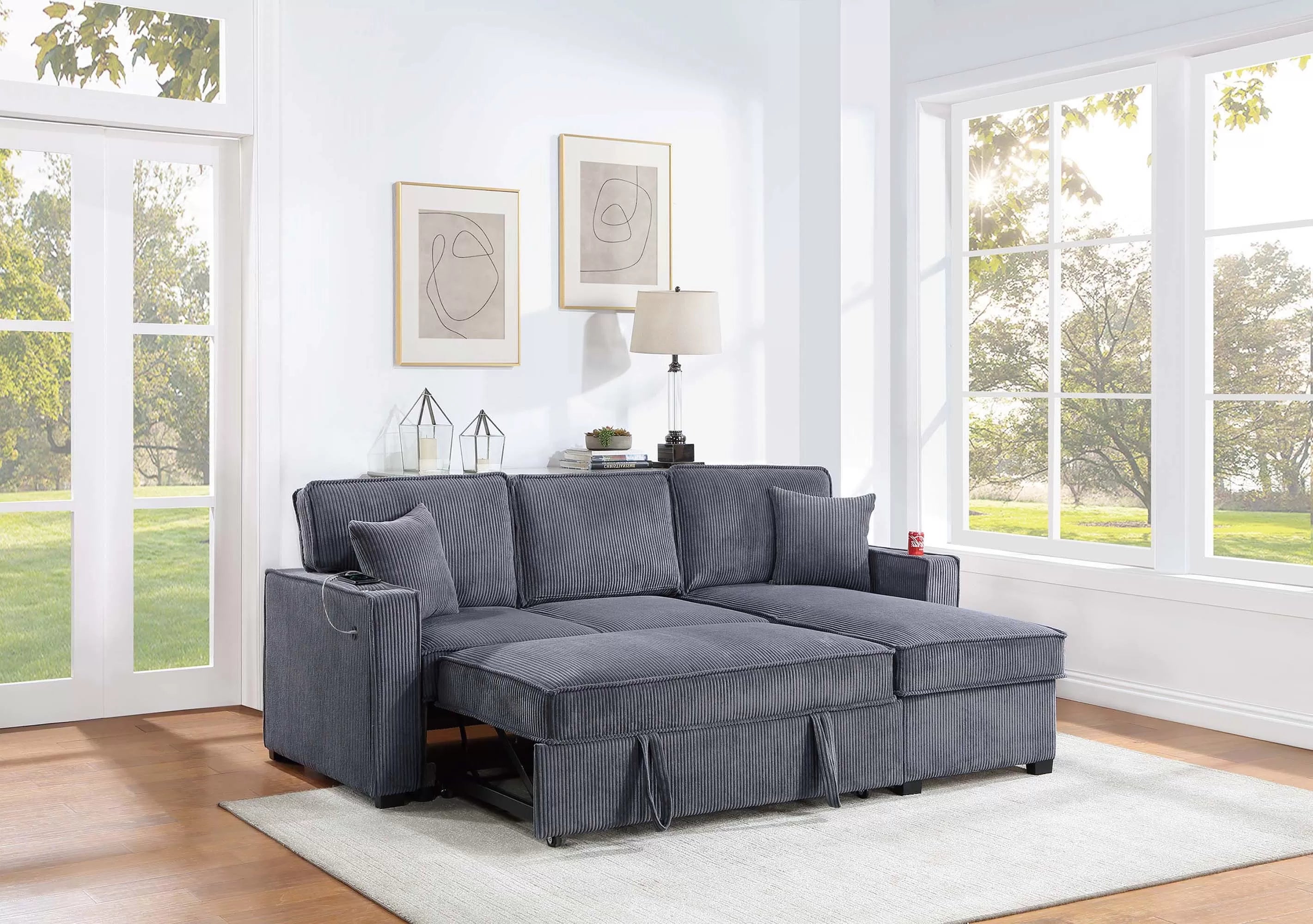 Reversible Storage Chaise W/ Cup Holder & USB & USB-C Port
