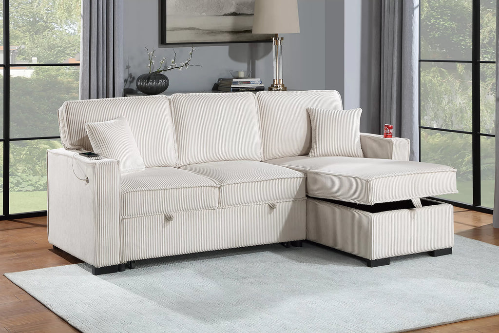 Reversible Storage Chaise W/ Cup Holder & USB & USB-C Port