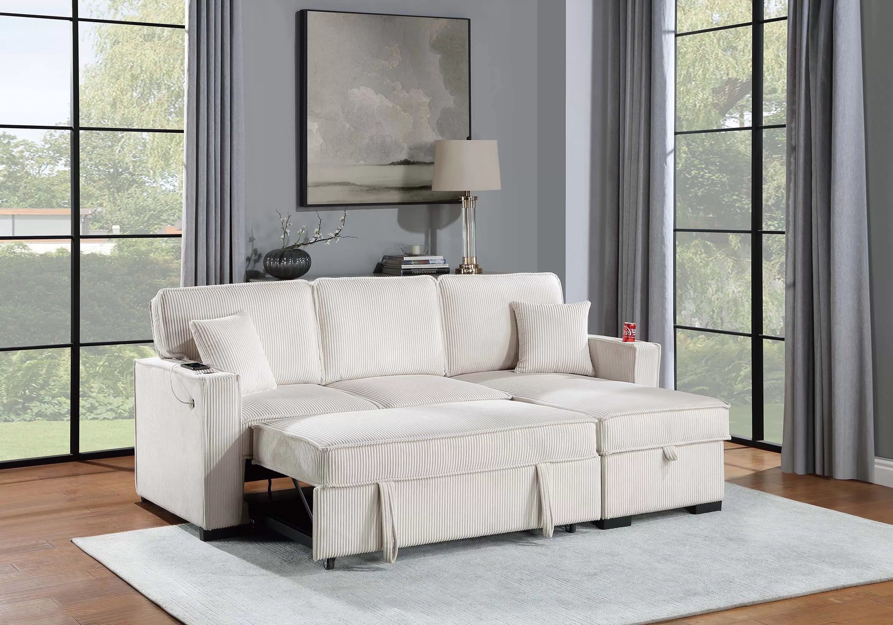 Reversible Storage Chaise W/ Cup Holder & USB & USB-C Port
