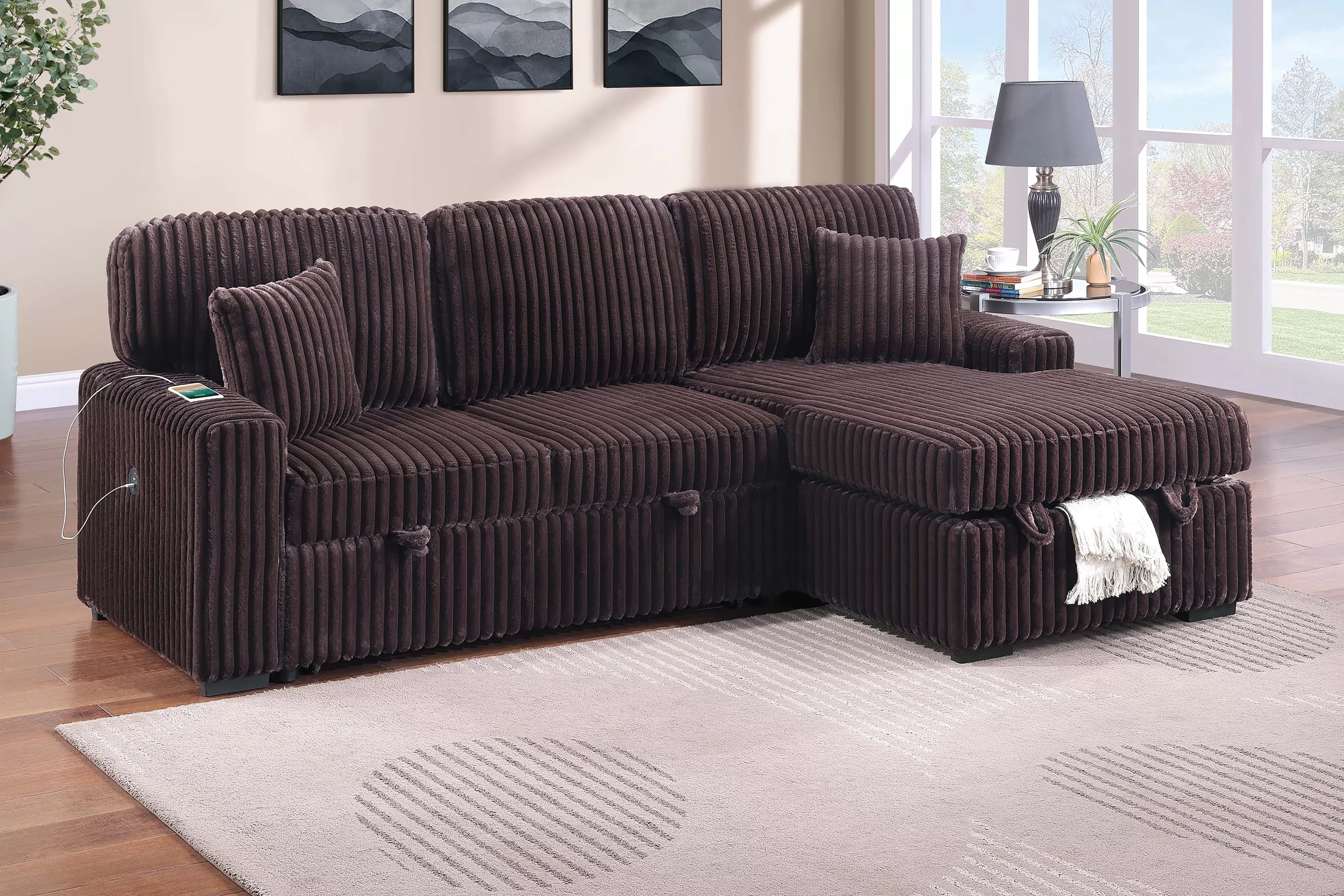 Pull Out Sofa with Fold Down Table & Cup Holder + USB Port + Storage Chaise