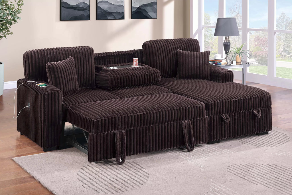Pull Out Sofa with Fold Down Table & Cup Holder + USB Port + Storage Chaise