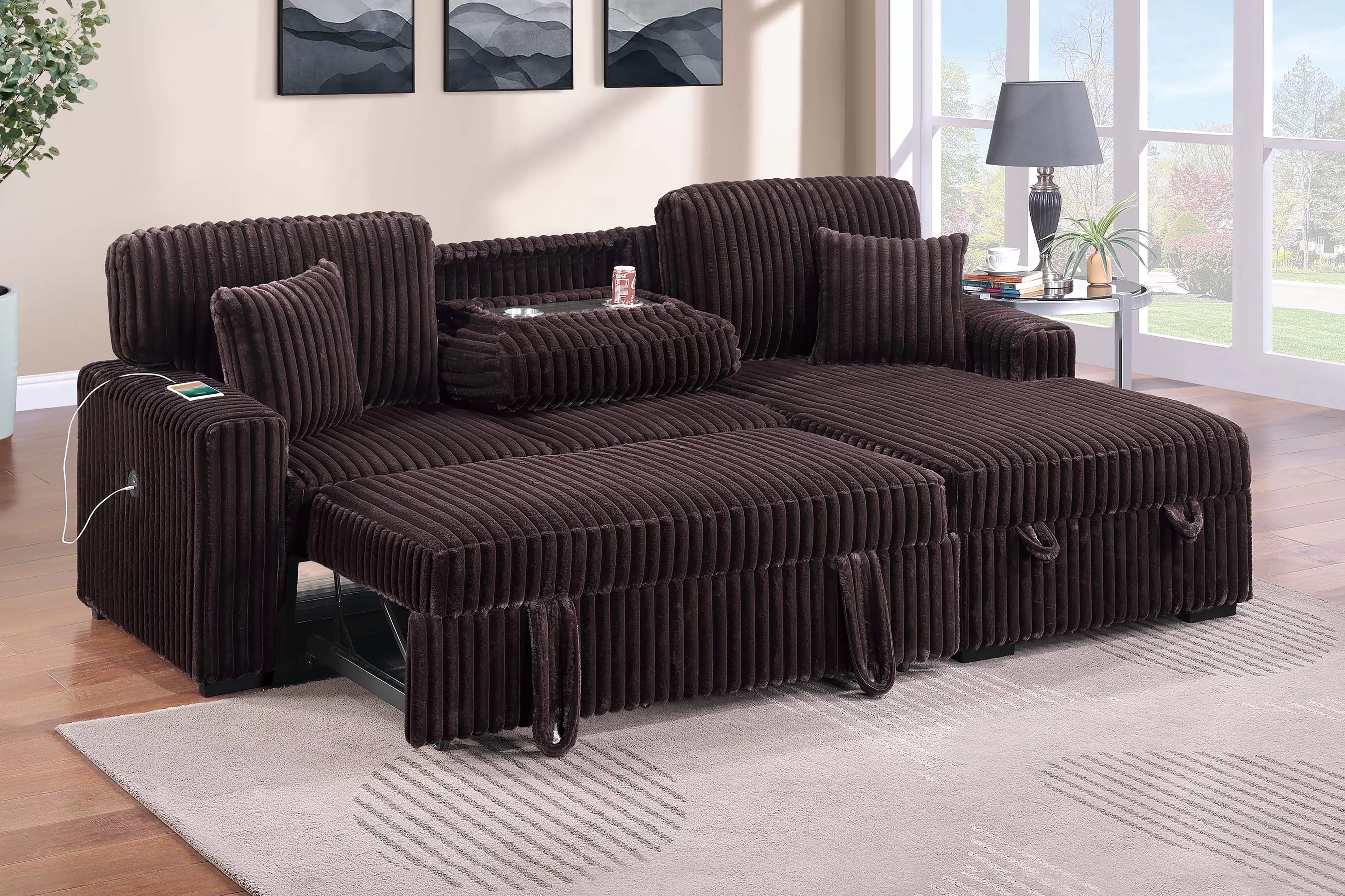 Pull Out Sofa with Fold Down Table & Cup Holder + USB Port + Storage Chaise