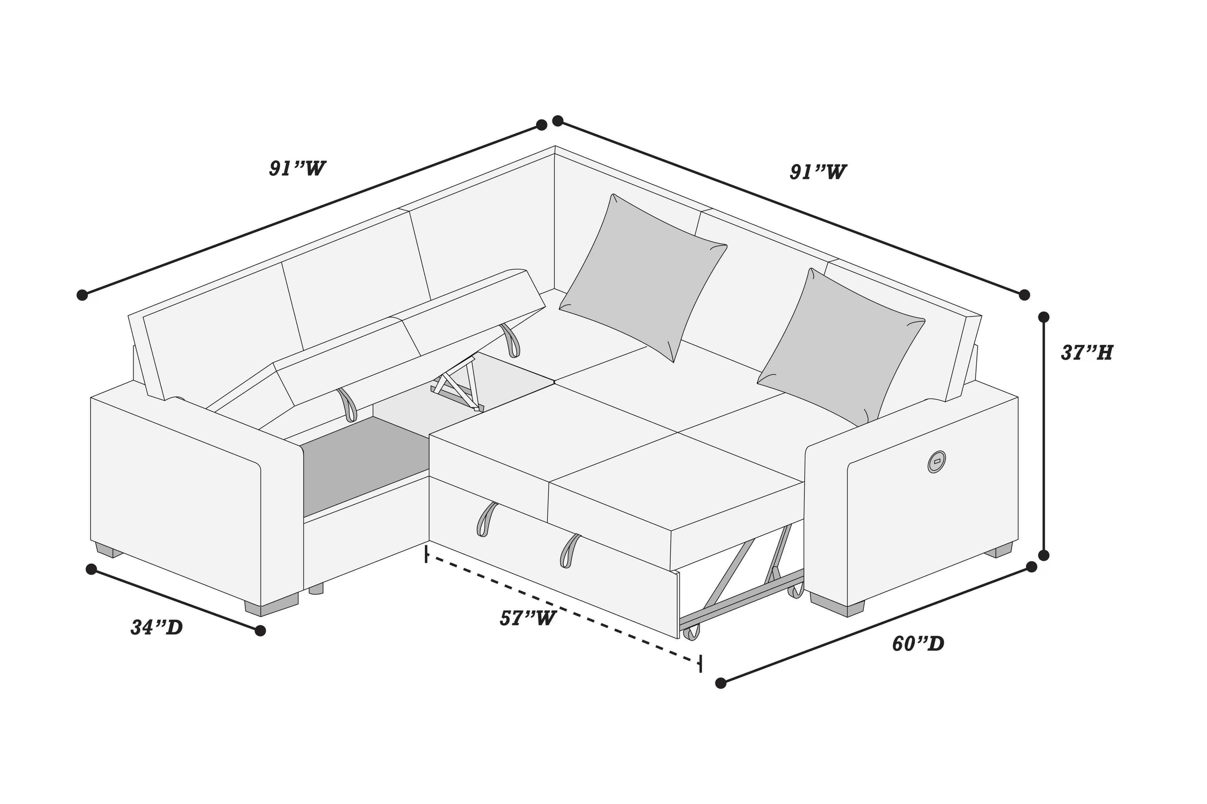 Reversible Storage Sofa + Reversible Sofa with Pull-Out Bed + USB Port