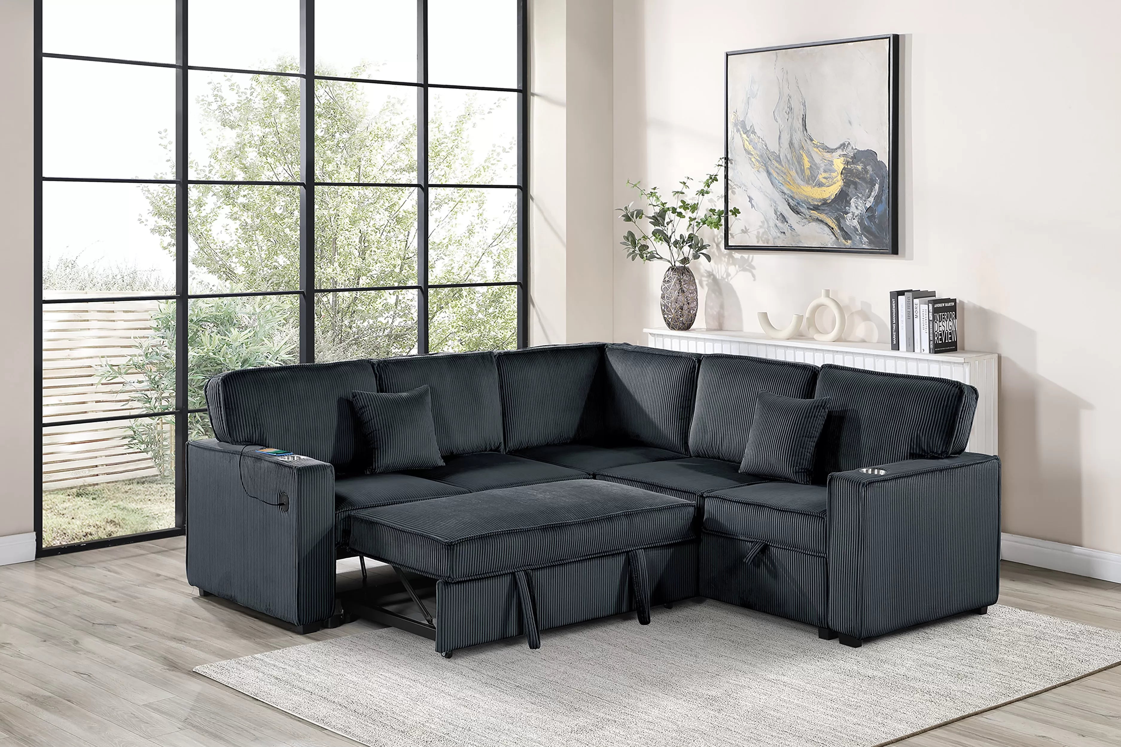 Sleeper Sofa W/Cupholder, Sofa Storage, & USB Ports